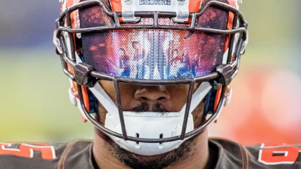 Aug 17, 2019; Indianapolis, IN, USA; Cleveland Browns defensive end Myles Garrett (95) on the field warming up before the game against the Indianapolis Colts at Lucas Oil Stadium. Mandatory Credit: Trevor Ruszkowski-USA TODAY Sports